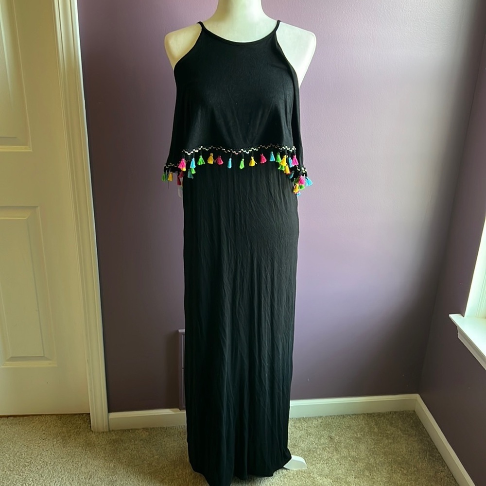 Bellamie black fringe race back maxi dress tassel pink blue yellow size large